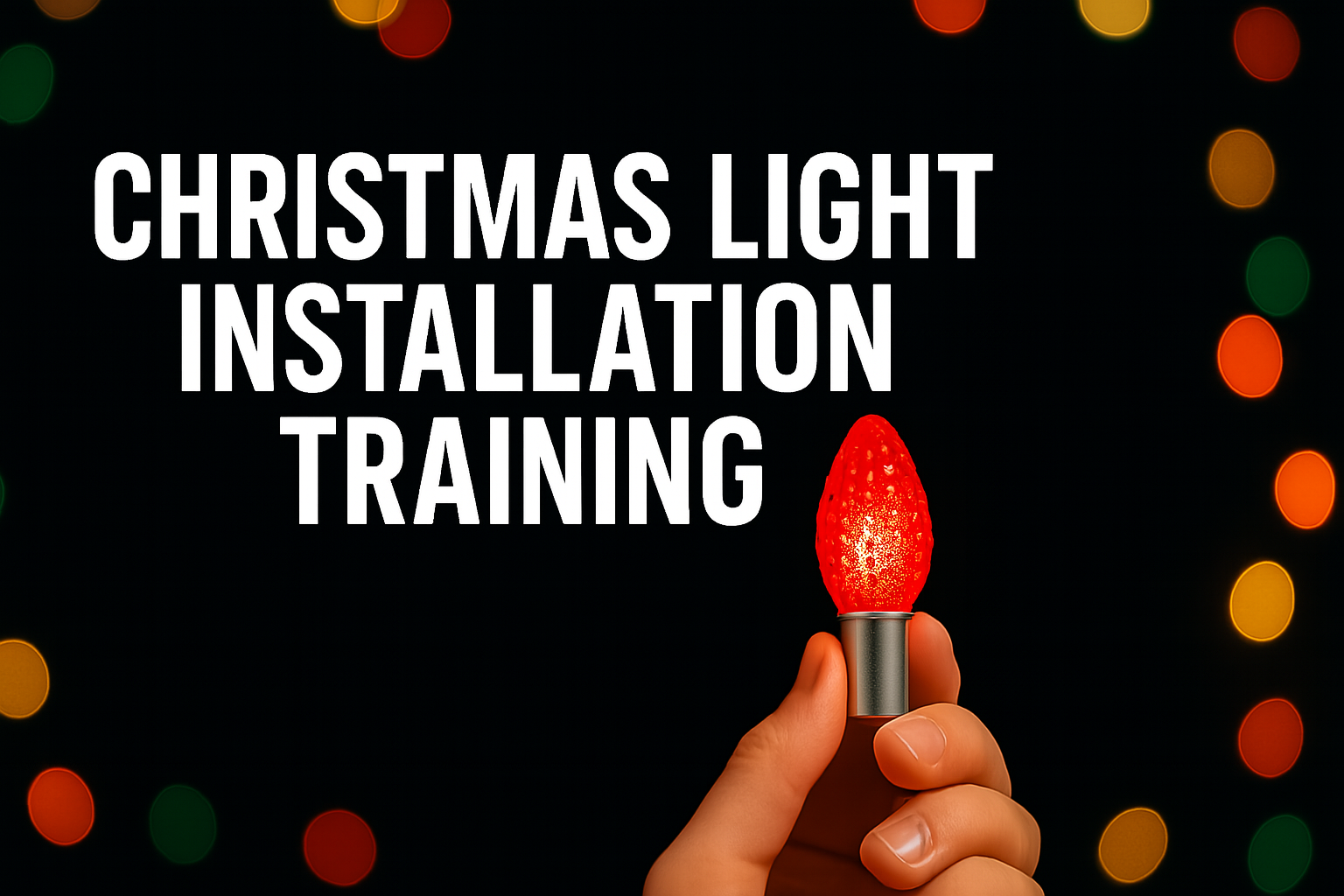 Hand holding a red Christmas light bulb with 'Christmas Light Installation Training' text on a black background with colorful lights.