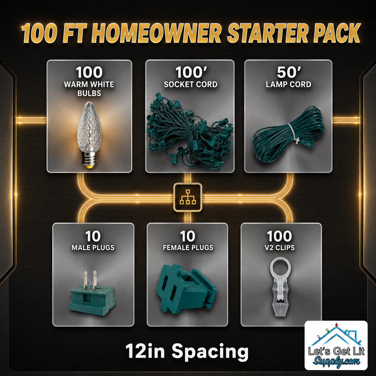 C9 Christmas light starter pack perfect for homeowners with 100ft of warm white bulbs, socket cord, 50ft of lamp cord, 10 male plugs, 10 female plugs and 100 Minleon V2 clips