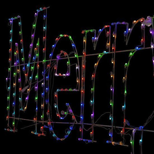 36in Wire Frame RGBWW Merry Christmas Sign with multi color LEDs lit up