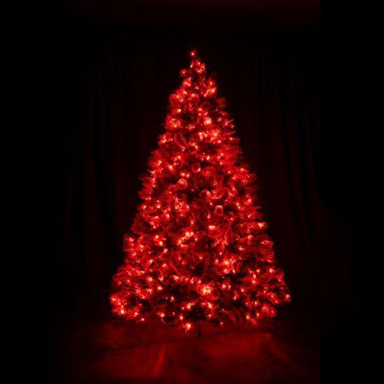 7.5' Scotch Pine Christmas Tree with 3mm RGBWW LED lights lit up in red