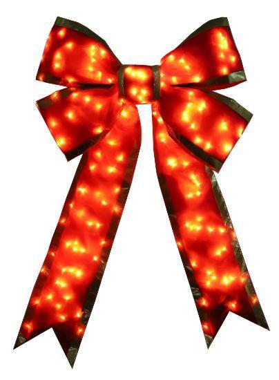 Nylon Bow in red with gold trim and lit with warm white LED lights