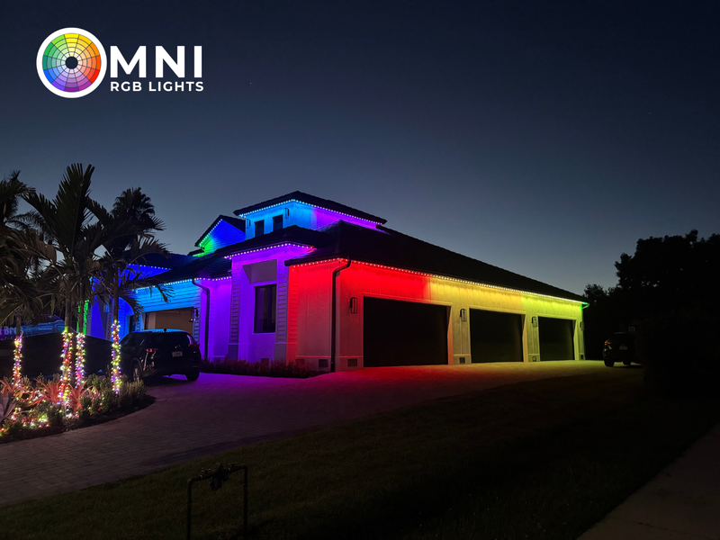 Omni RGB Lights on a house with rainbow stripes