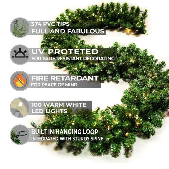 Holidynamics Oregon 9ft by 14in garland with 100 warm white LED 5mm lights and specs.