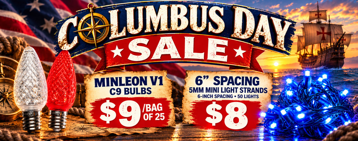 Columbus Day Sale: Minleon V1 C9 bulbs $9 per bag of 25, 6-inch spacing 5mm mini light strands $8