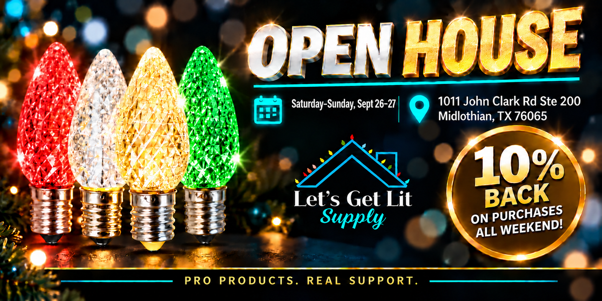 Open House Saturday–Sunday, Sept 26–27 at Let’s Get Lit Supply, 1011 John Clark Rd Ste 200, Midlothian TX. 10% back on purchases all weekend.